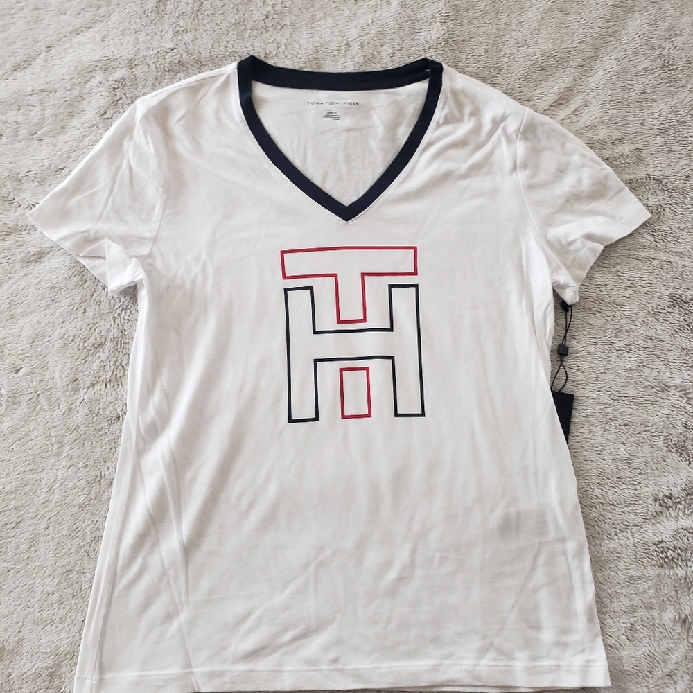 White V-Neck T-Shirt with Logo